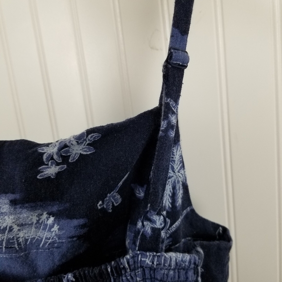 Romper Linen Smocked Wide Leg Cropped Pockets Blue Jumpsuit Scenic Print - Picture 6 of 13